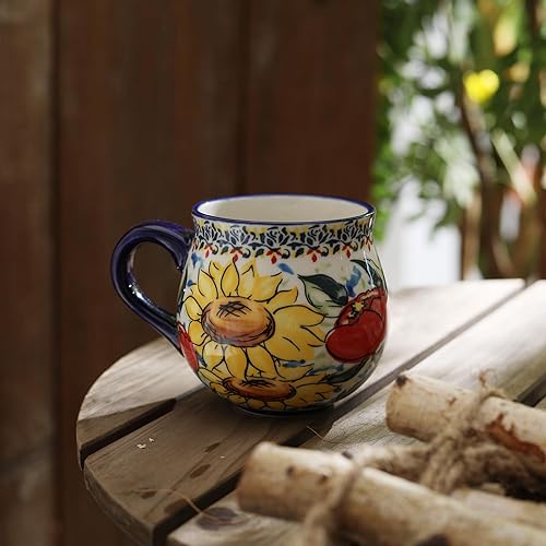 Miniatura 3 de ALMA Taza de café pintada a mano de 12 onzas, para microondas, taza de cerámica con girasol para los amantes del café y el té (girasol, mediana)