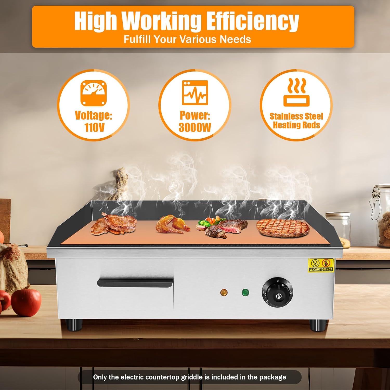 Teppanyaki Frying and Frying Machine, Desktop Electric Baking Pan, Desktop Electric Flat Frying Pan, 3000W Adjustable Temperature Non stick Pot