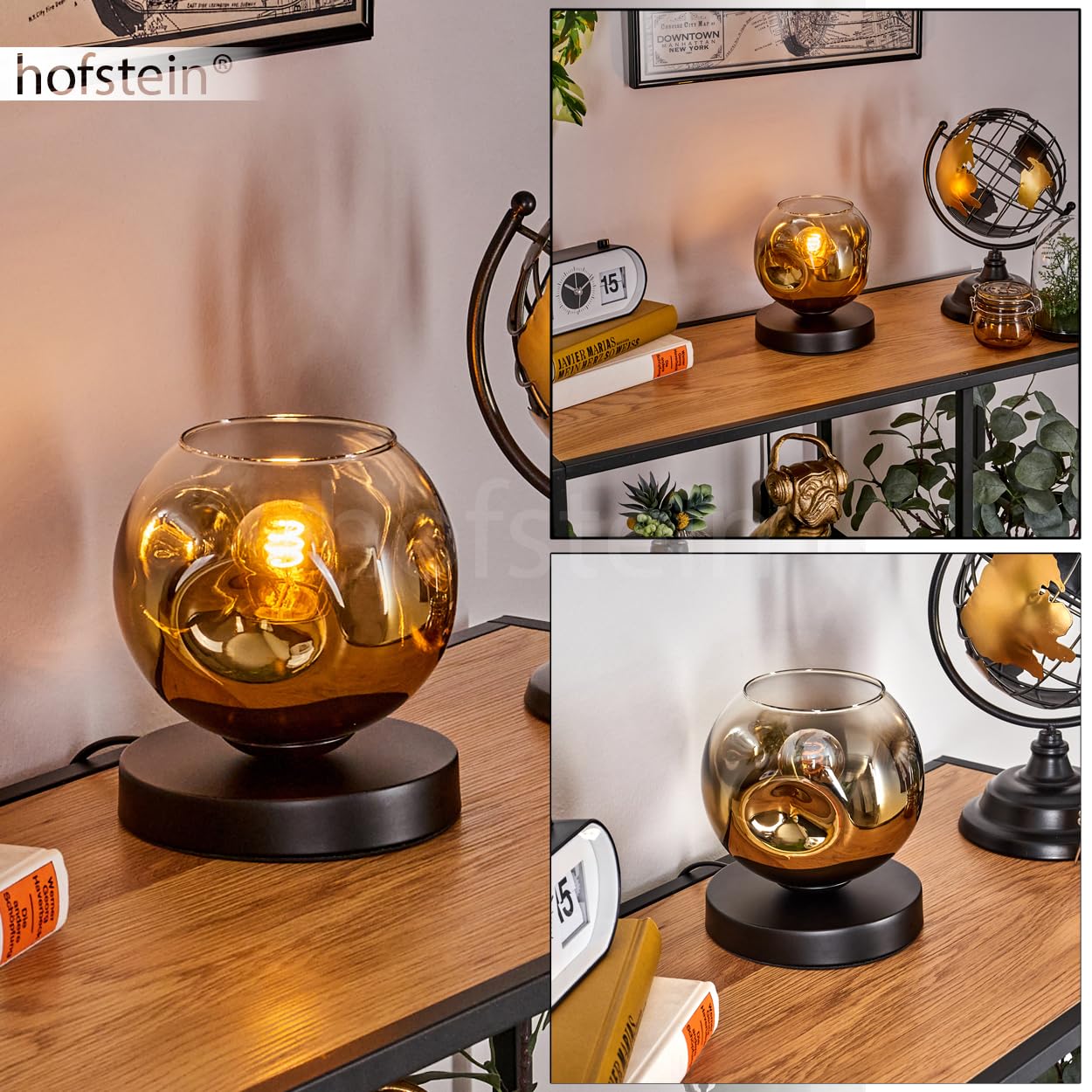 Lampe de table Ripoll, lampe de table en métal/verre en noir/or/transparent, lampe au design rétro moderne / vintage avec abat-jour en verre (diamètre 15 cm) et interrupteur marche/arrêt sur le câble,