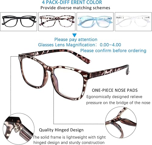 Miniatura 3 de Henotin Paquete de 4 lentes de lectura con bloqueo de luz azul para mujeres y hombres, lectores de computadora con bisagra de resorte, anteojos