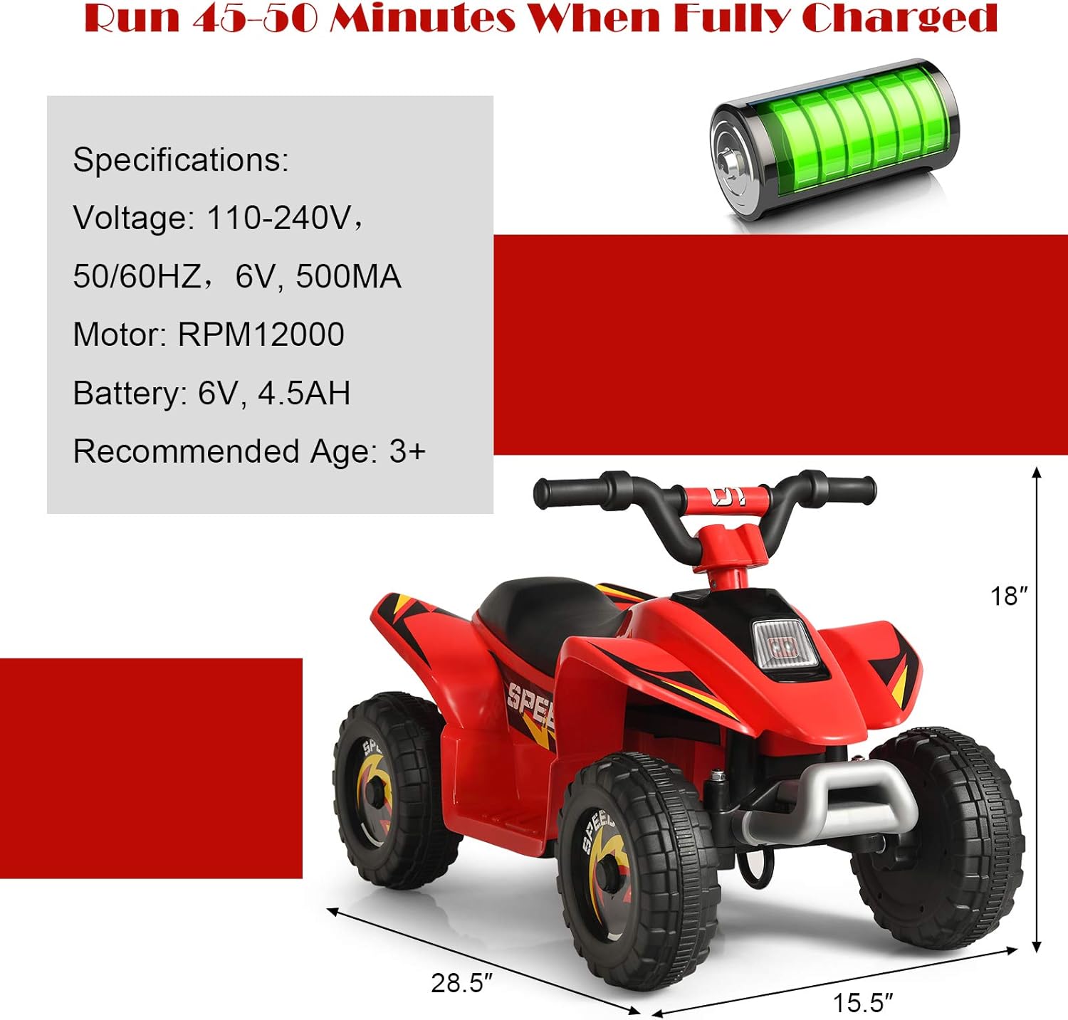 HONEY JOY Ride On ATV, 6V Mini Off-Road Battery Powered Motorized Quad for Kids, Anti-Slip Wheels, RWD 4-Wheeler Electric Ride On Toy Car for Toddlers (Red)