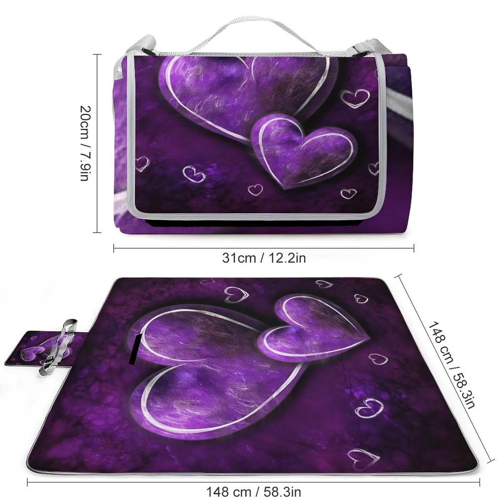 Tappetino da picnic con cuori viola, tappetino pieghevole impermeabile con borsa tote grande tappetino da picnic all'aperto 147,3 x 147,3 cm coperta da campeggio per spiaggia, parco, viaggi
