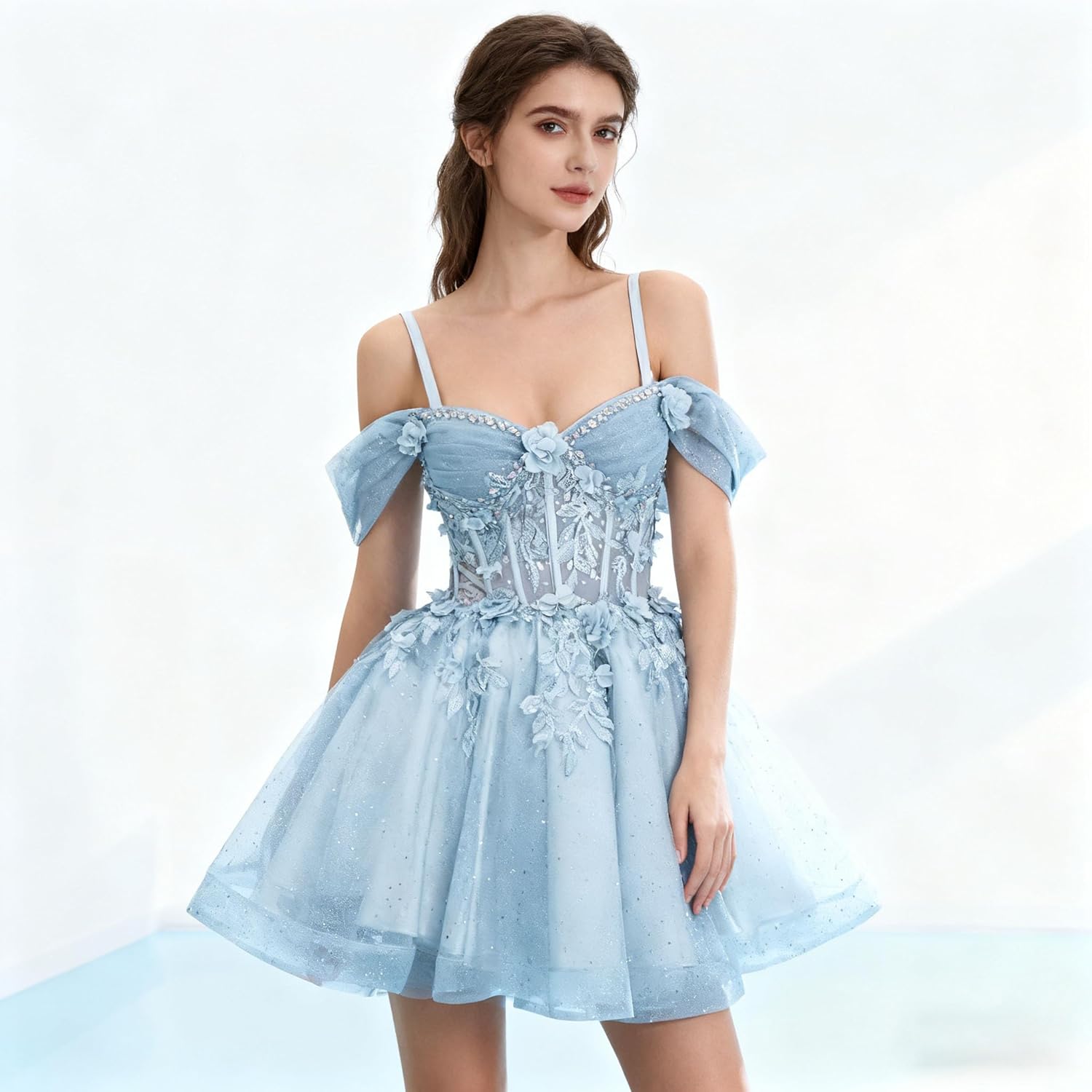 Sparkly Tulle Homecoming Dresses Off Shoulder DAMA Dress Lace Applique Floral Rhinestone for Teens Short Prom Gown