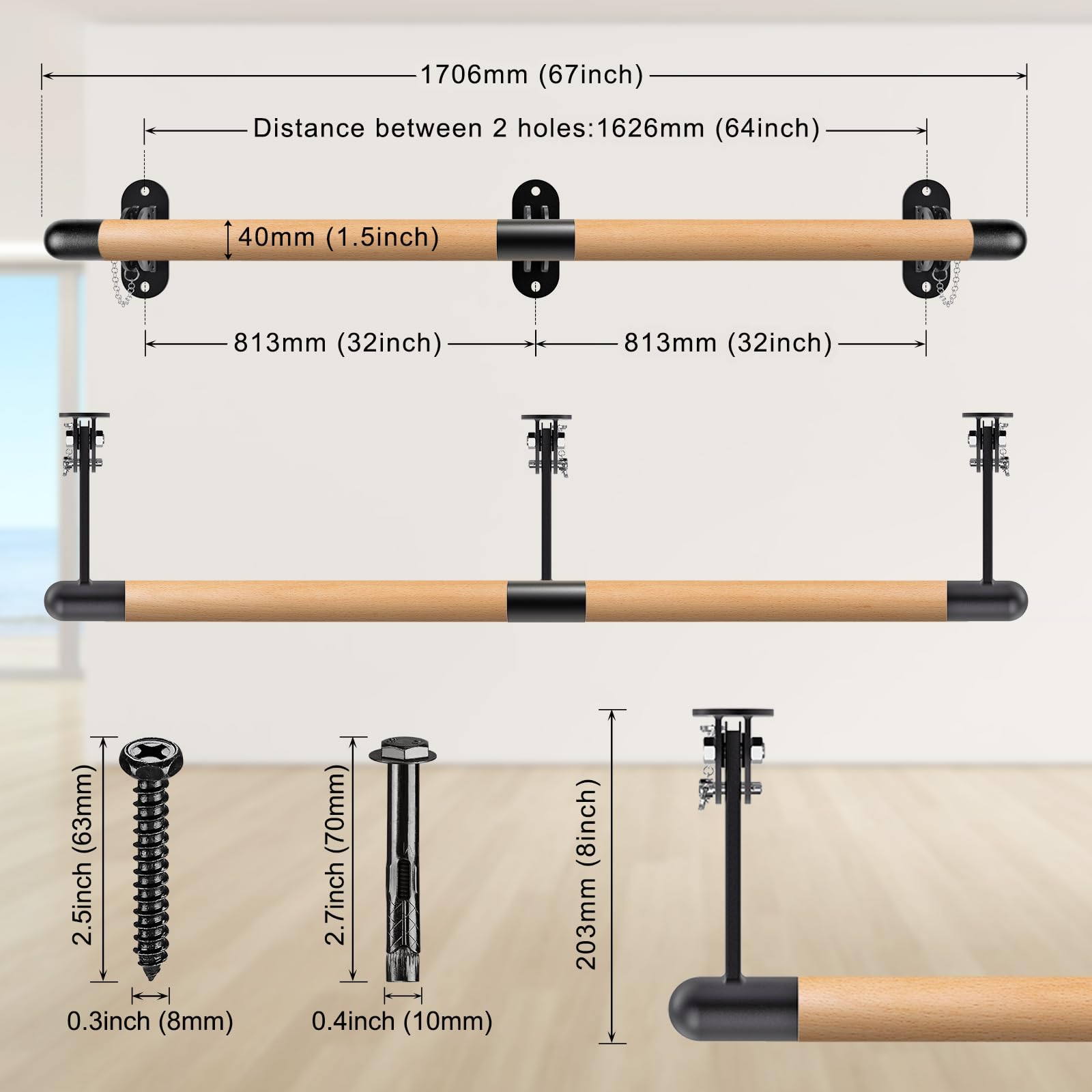 Dolibest Barra de Ballet de Madera 170 cm Ajustable Montaje en Pared 90-250 cm