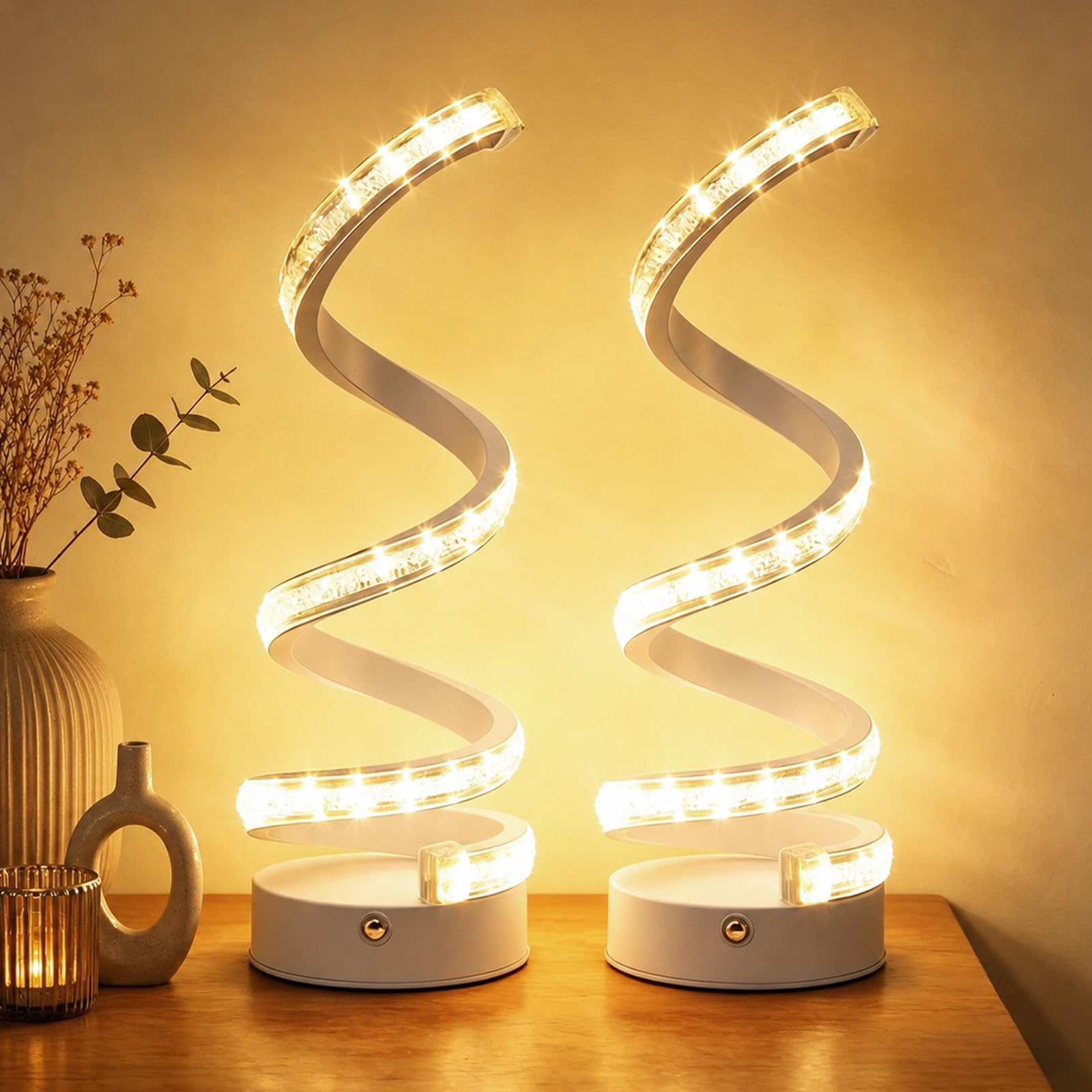 Spalivivre Spiral LED Table Lamp, 2PCS Bedroom Lamp Dimmable Bedside Night Light with 3 Colour Temperatures, USB Rechargeable Nightstand Lamp for Living Room Office Desk
