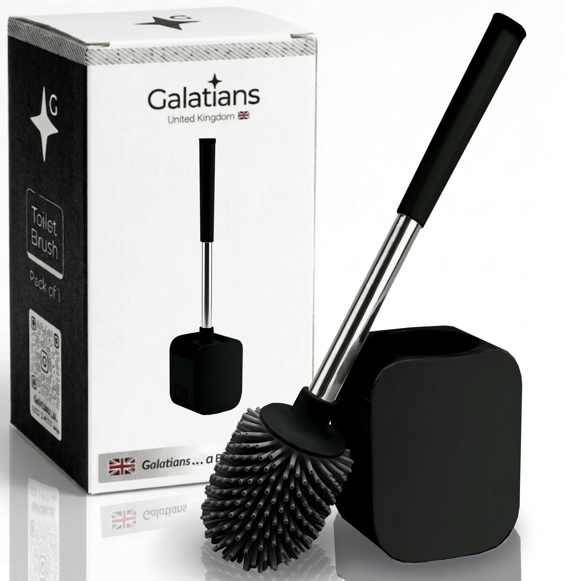 Silicone Toilet Brush and Holder Set | Freestanding or Wall Mounted Loo Brush | Hygienic TPR Bristles with Hidden Tweezers | Black | Galatians® (1 Unit Black.)