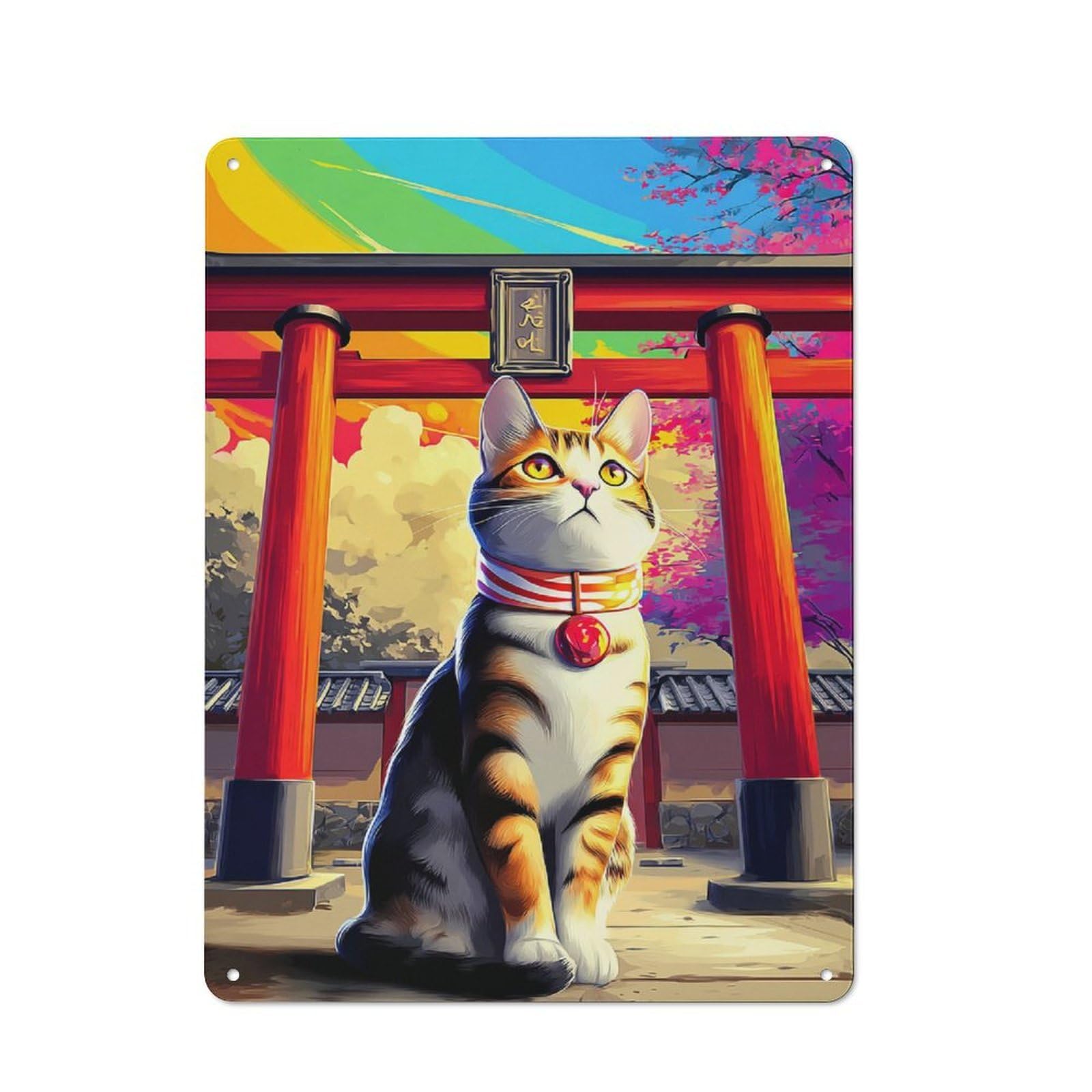 Japanese Torii Gate with Tabby Cat Metal Wall Art Sign 40x30cm, Vintage Vintage Wall Decor for Lounge, Study, Pub Or Wall Gallery