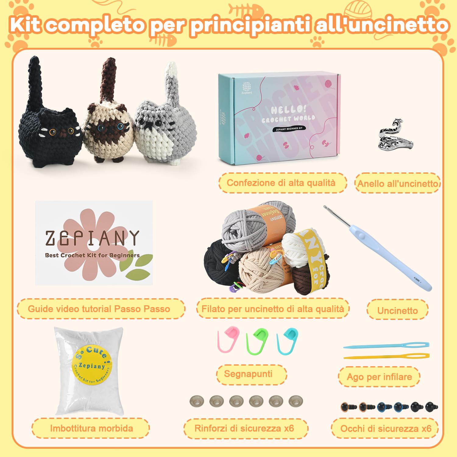 Kit Uncinetto Principianti TranquilHome Three Little Kittens Adulti Imparare Uncinetto Include Video Tutorial Italiano Amigurumi