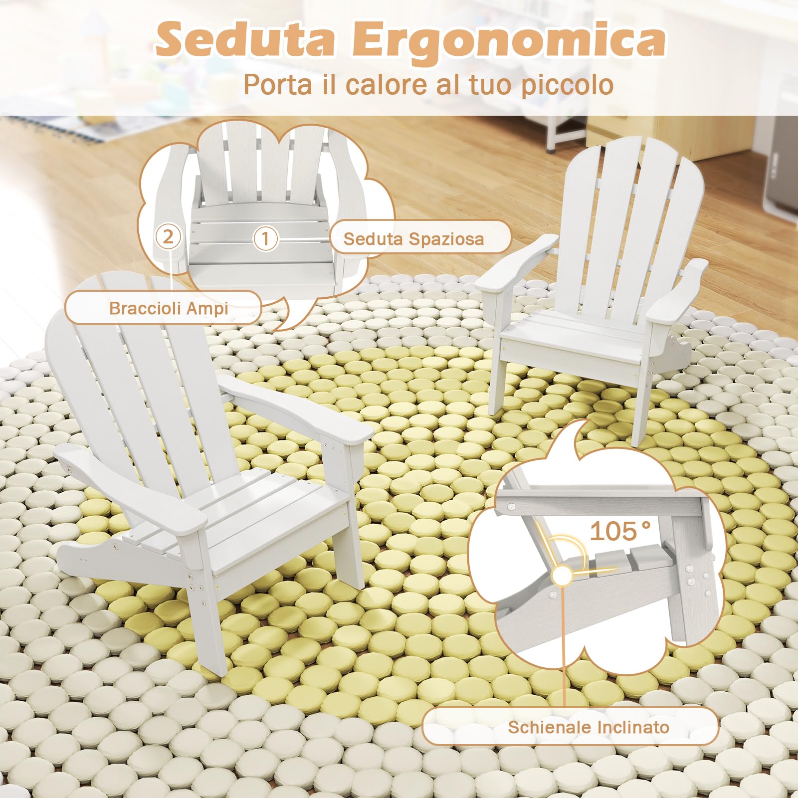 GYMAX Sedia Adirondack per Bambini da Giardino, Sedia per il Tempo Libero in HDPE con Ampio Sedile, Schienale e Braccioli, Angolo di Elevazione di 105°, Poltrona Esterno per Bambini 3-8 Anni (Bianco)