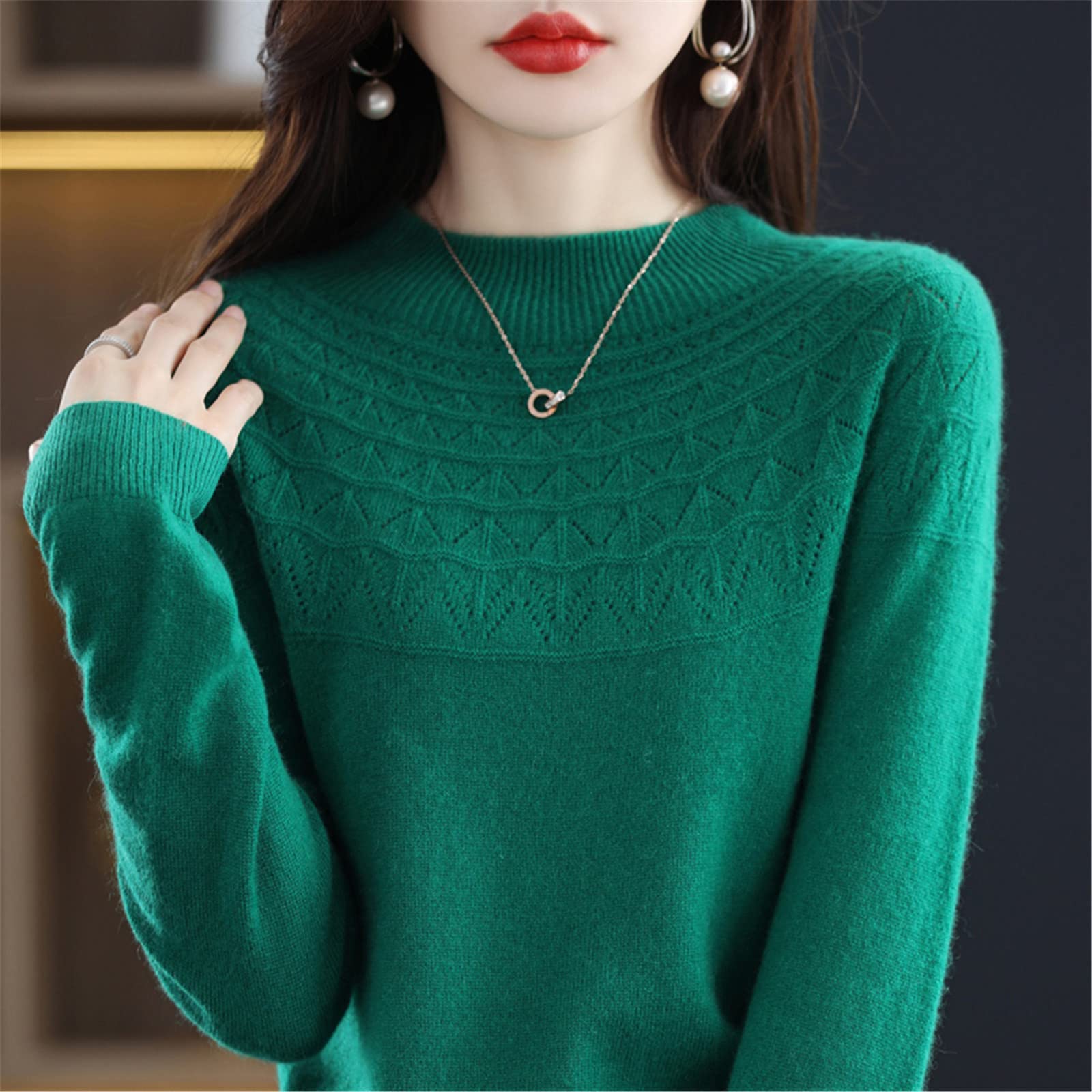 Kelsiop Otoño e invierno sin costuras de una sola línea listo para usar suéter de mujer 100% lana de cuello alto recortado suéter
