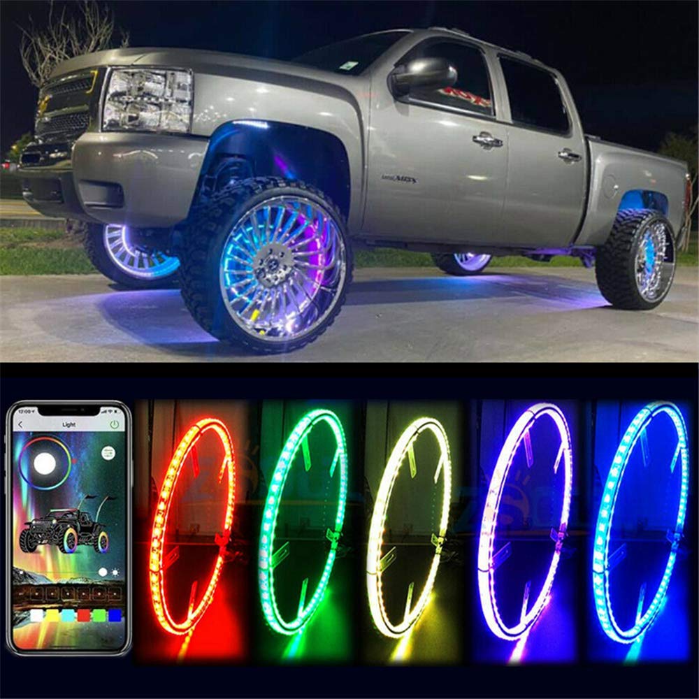New 15.5 Inch Dream Chasing Flow Color Rim Lights for Car Truck Offroad LED Wheel Ring Light Kit by Phone Bluetooth Control Multiple Colors Mode Selection (Fits 18" 20" Wheels)