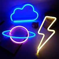 NELUX 3 db-os LED Neon Fali Dekoráció Szett - Villám, Bolygó és Felhő Formák Gamer Szobába - USB vagy Elemes Működés, Modern Világítás 1