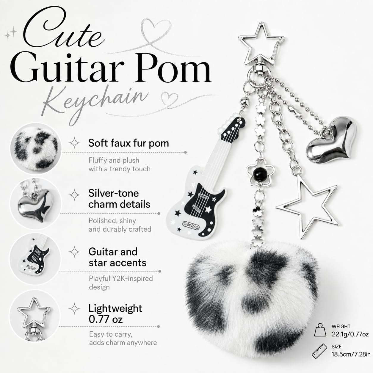 Y2K Guitar Keychain Plush Pom Pom Bag Charm Star Heart Music Gift image 3