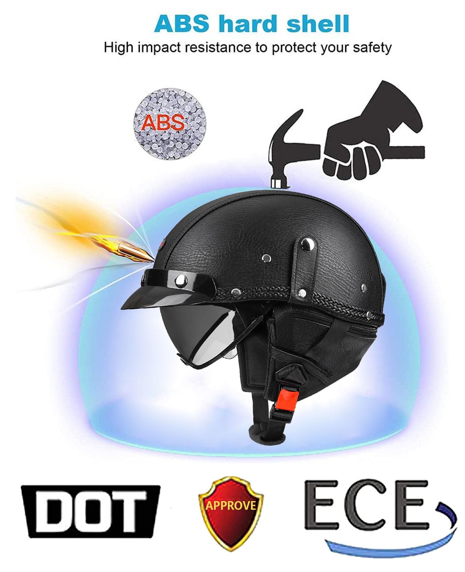 Retro Halbschalenhelm Halbhelme Leder Motorradhelm Mit ECEDOT Genehmigt Brain-Cap Halbschale Roller-Helm Mit Schutzbrille Scooter-Helm Jet-Helm Für Erwachsene Herren Damen