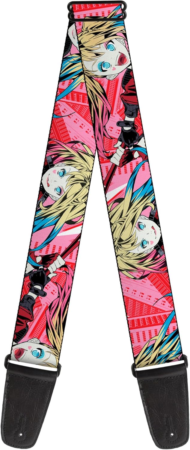 Buckle-Down DC Comics Guitar Strap, Harley Quinn Puddin Poses Anime Graphics Pink Red, 2 Inches Wide