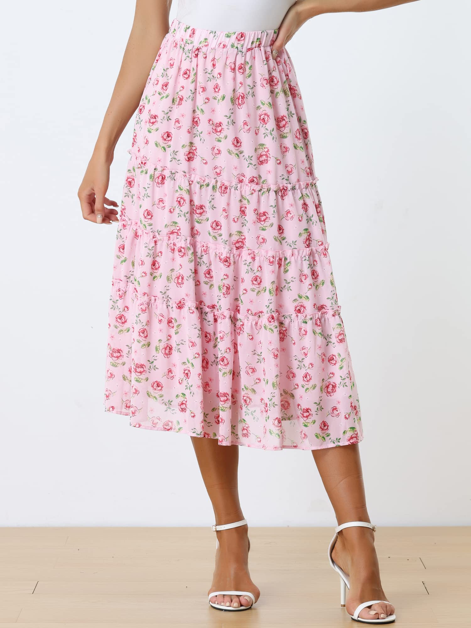 Allegra K Jupe Mi-Longue Femme été Jupe Florale Trapèze Fluide Taille Élastique en Mousseline de Soie pour Vacances