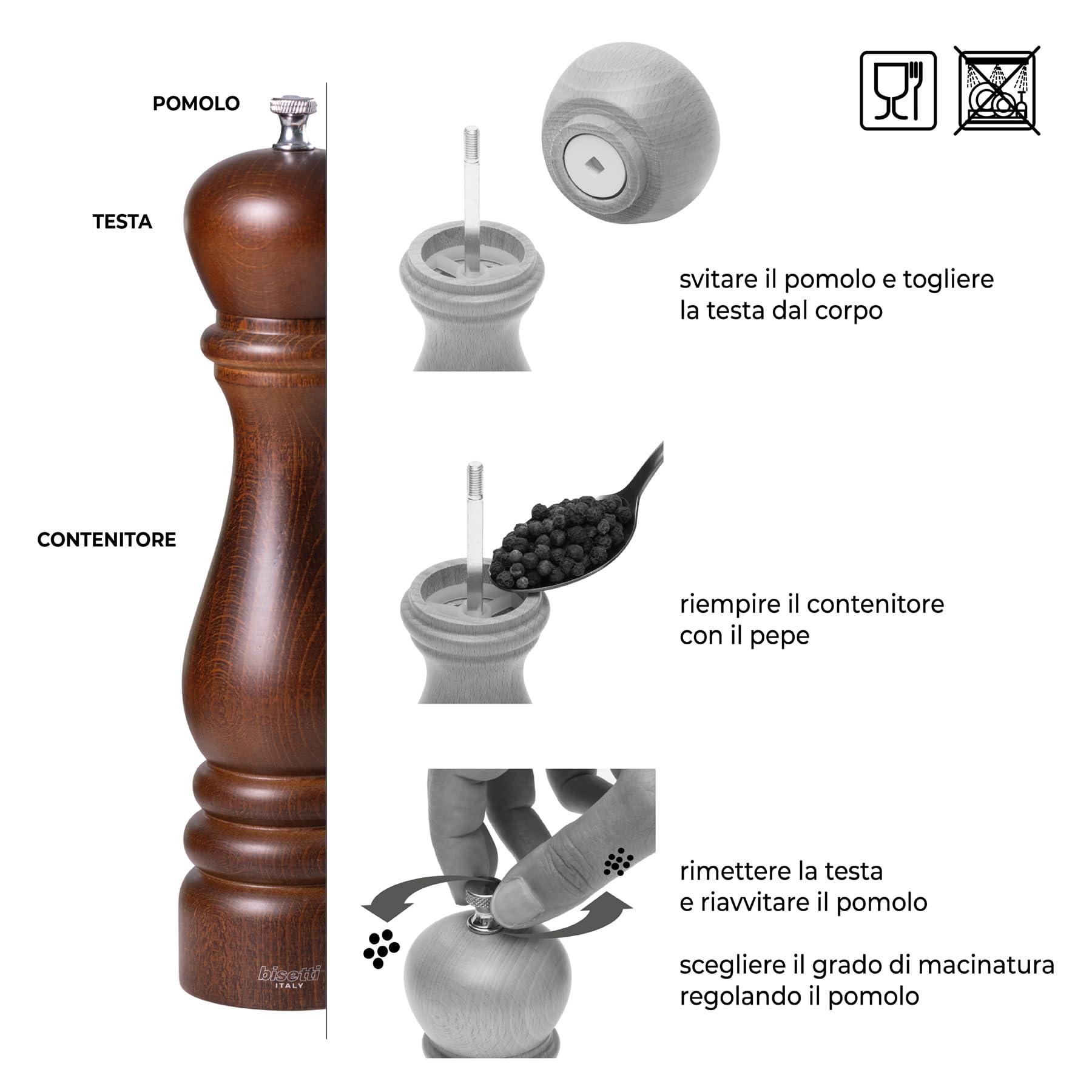 Set Macina Pepe Manuale con Macina in Acciaio Temprato in Legno di Faggio e Macina Sale Manuale in Ceramica ad Alta Resistenza in Legno di Faggio Linea Roma 13 cm-BISETTI