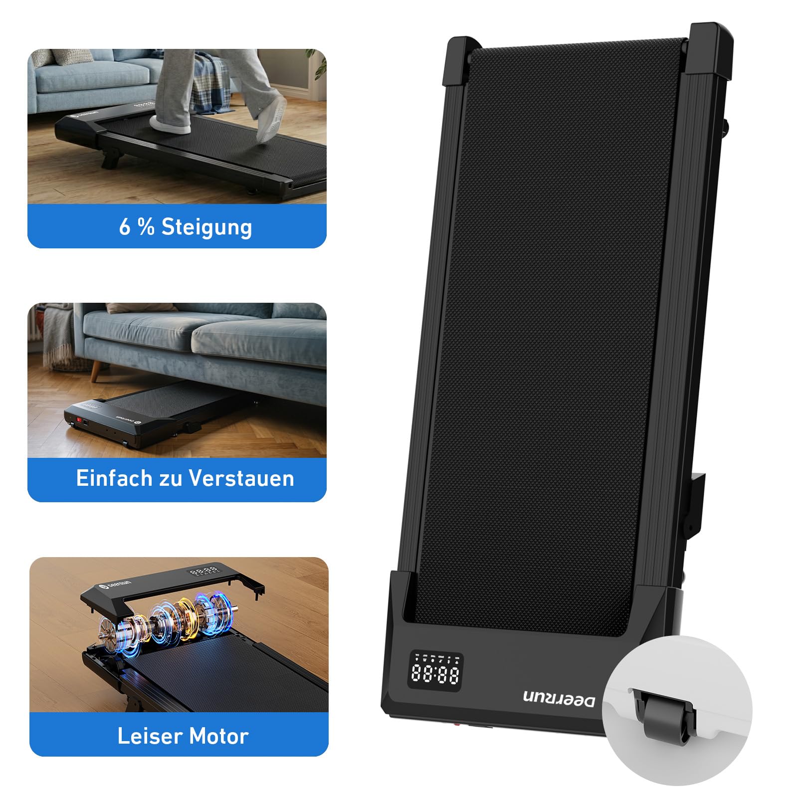 DeerRun Walking Pad mit 6% Steigung, Unter Schreibtisch Laufband für Home Office und Zuhause, Kompaktes Laufband mit App, Fernbedienung und LED-Anzeige, bis 136 kg