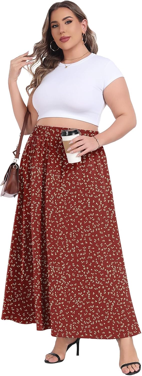 Lastshe Plus Size Maxi Skirt for Women Casual Elastic High Waist Boho Flowy A-line Spring Long Skirts with Pockets - Image 6