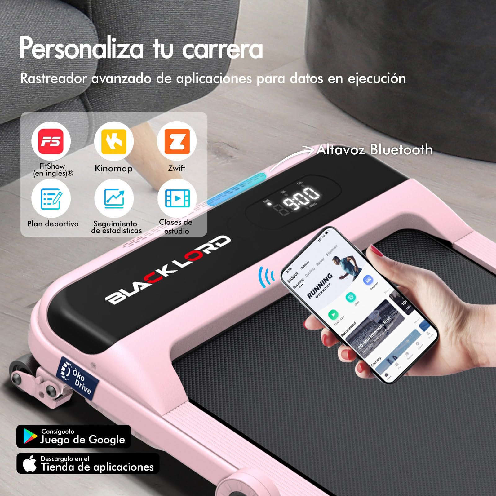 BLACK LORD Cinta de Correr con inclinación del 9% y pasamanos, 3,2 HP Walking Pad, Cinta de Correr eléctrica 4 en 1, 12 programas preestablecidos, Altavoz Integrado, Capacidad de 140 kgRosa