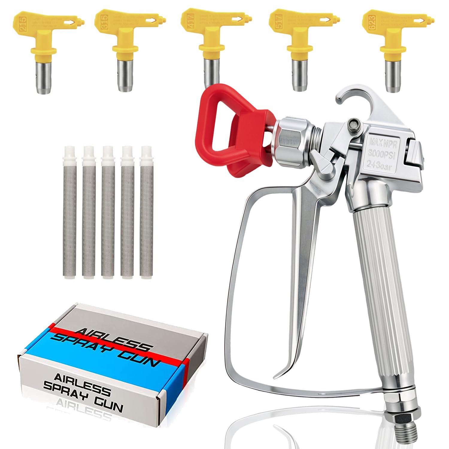 Kit de Pistolet a Peinture Airless Haute Pression 3600 PSI Airless Pistolet de Peinture 215/315/417/517/623 Buse Pulvérisateur et 5 Filtres Joints Rotatifs pour Machines