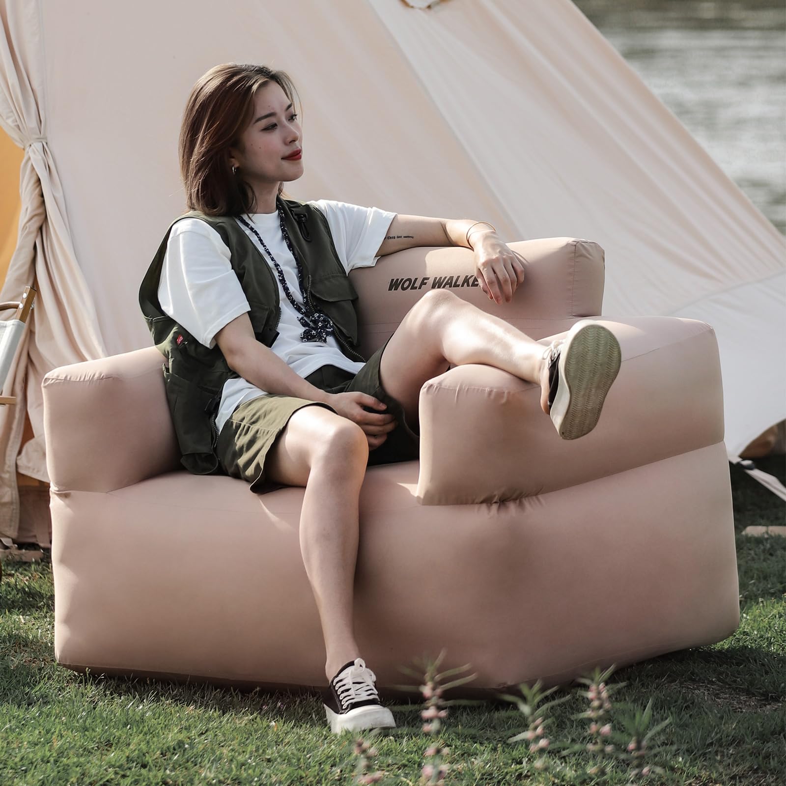 WOLF WALKER Automatic Inflatable Sofa Chair Inflatable Lounger Electric  Pump Blow Up Couch Beach Chair Patio Sofas for Camping Traveling Outdoor