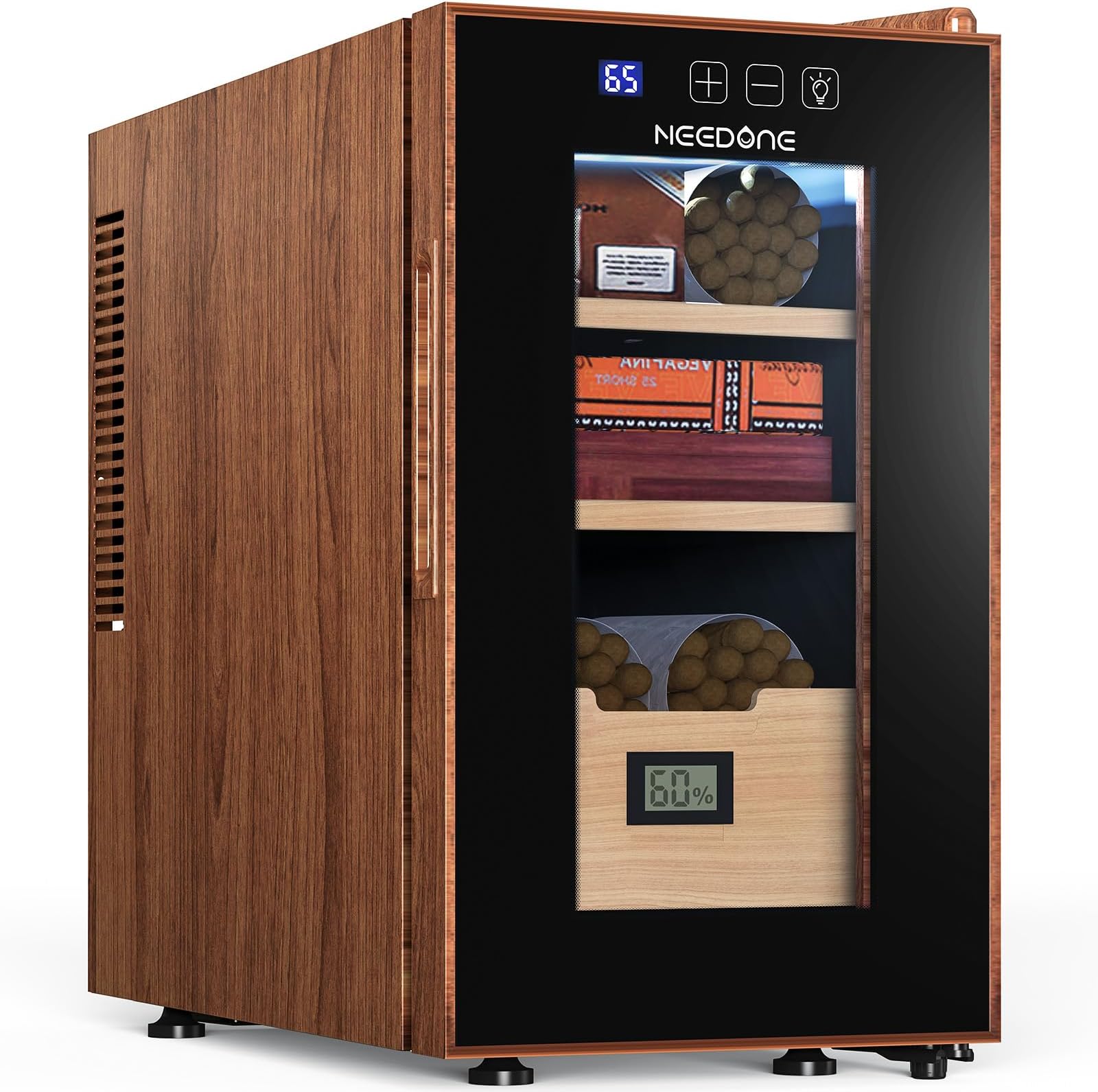NEEDONE23L Electric Cigar Humidor with Heating & Cooling System | Spanish Cedar Wood Cabinet | 150-Count Capacity | Digital Hygrometer & Touch Control | Quiet Thermostatic Storage (Woodgrain)
