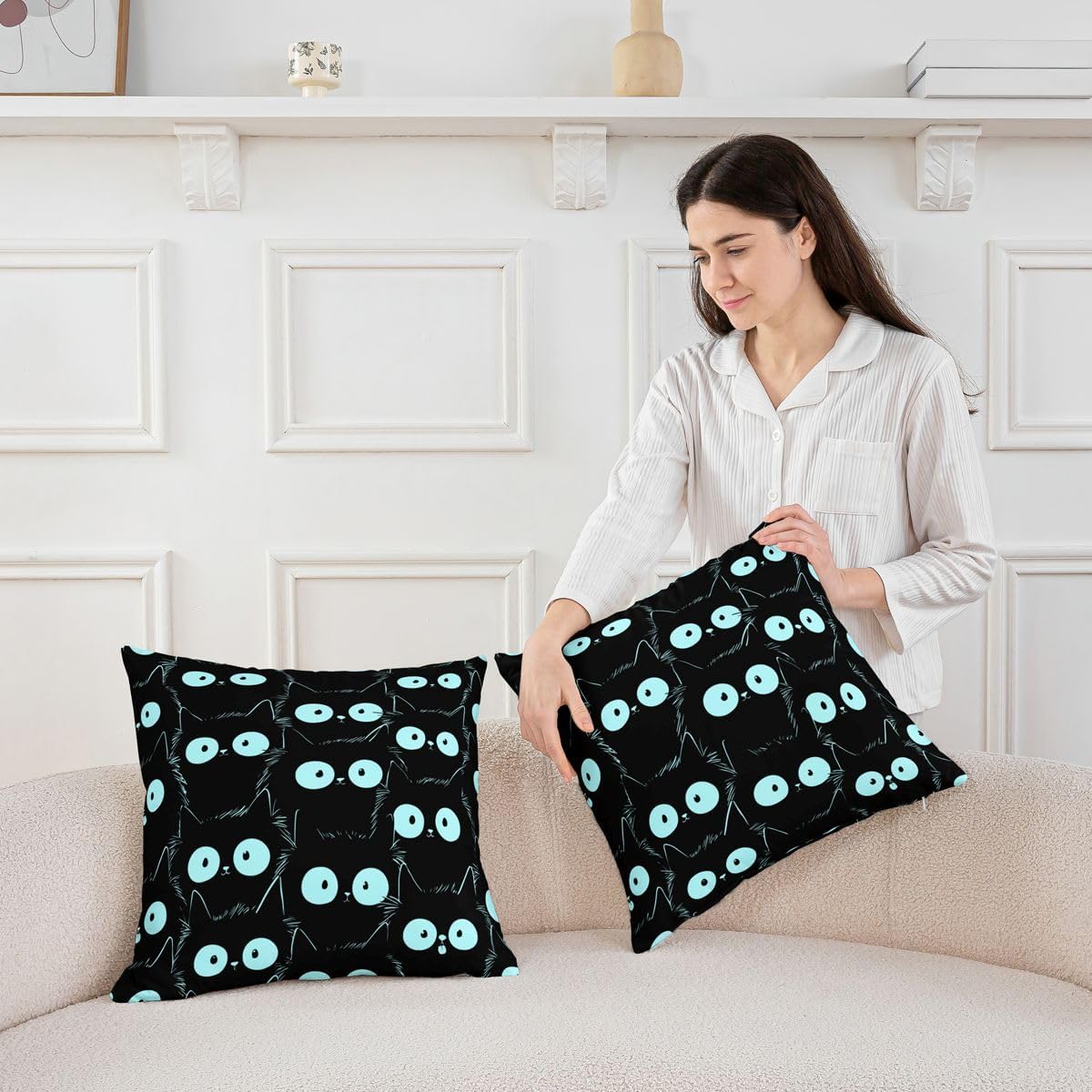 Manfei Cute Cat Kids Throw Pillow Cover,Kawaii Pet Cats Pillow Case,Cartoon Animas Bed Couch Sofa Cushion Cover,Blue Black Home Decor,2 Pack 18"x18" image 3