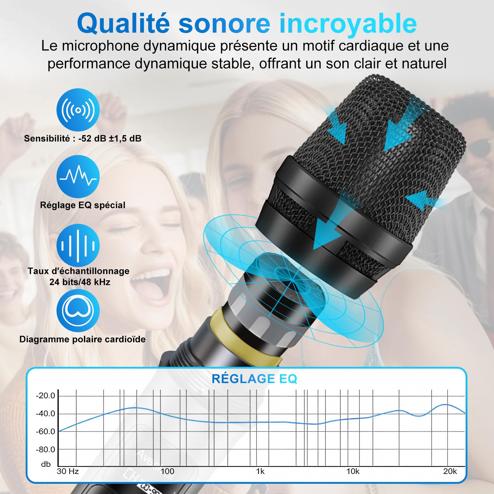 Aveek Système de microphone sans fil avec lot de 4 micros dynamiques portatifs, portée de 80 m, batterie de 40 heures, son de studio à faible latence pour karaoké, chant, discours, église, scène