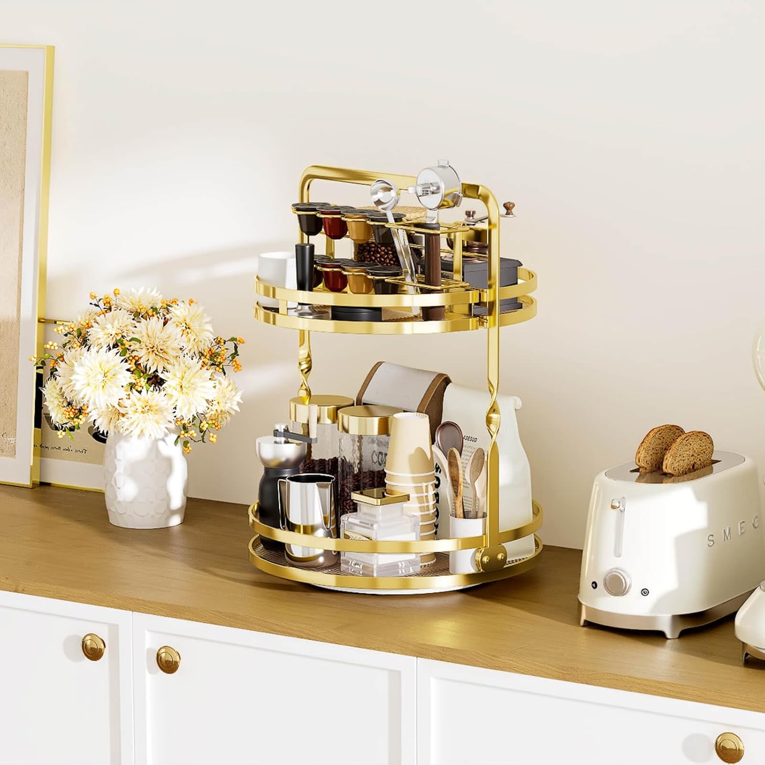 360 Rotating Makeup Organizer Vanity, Gold Perfume Organizer for Dresser, 2 Tier Bathroom Organizer Countertop,Spinning Cosmetic Display Lazy Susan for Women,Skincare Storage with Brush Holder