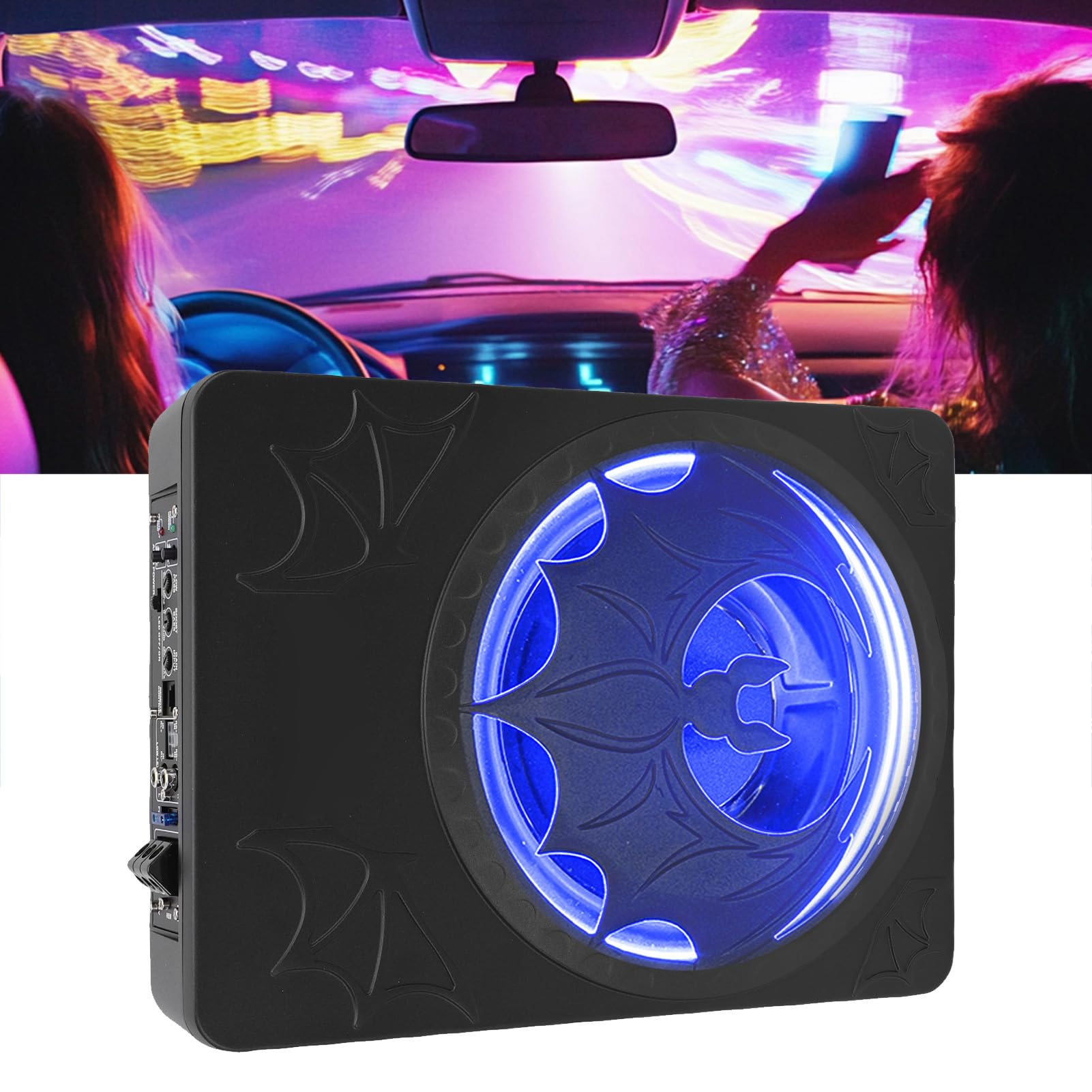 10-calowy Aktywny Subwoofer Samochodowy Pod Siedzeniem, Wbudowany Wzmacniacz o Mocy Szczytowej 1200 W, Obudowa z Odlewu Aluminiowego ze światłami LED, Regulowane Wzmocnienie i (COLORFUL)