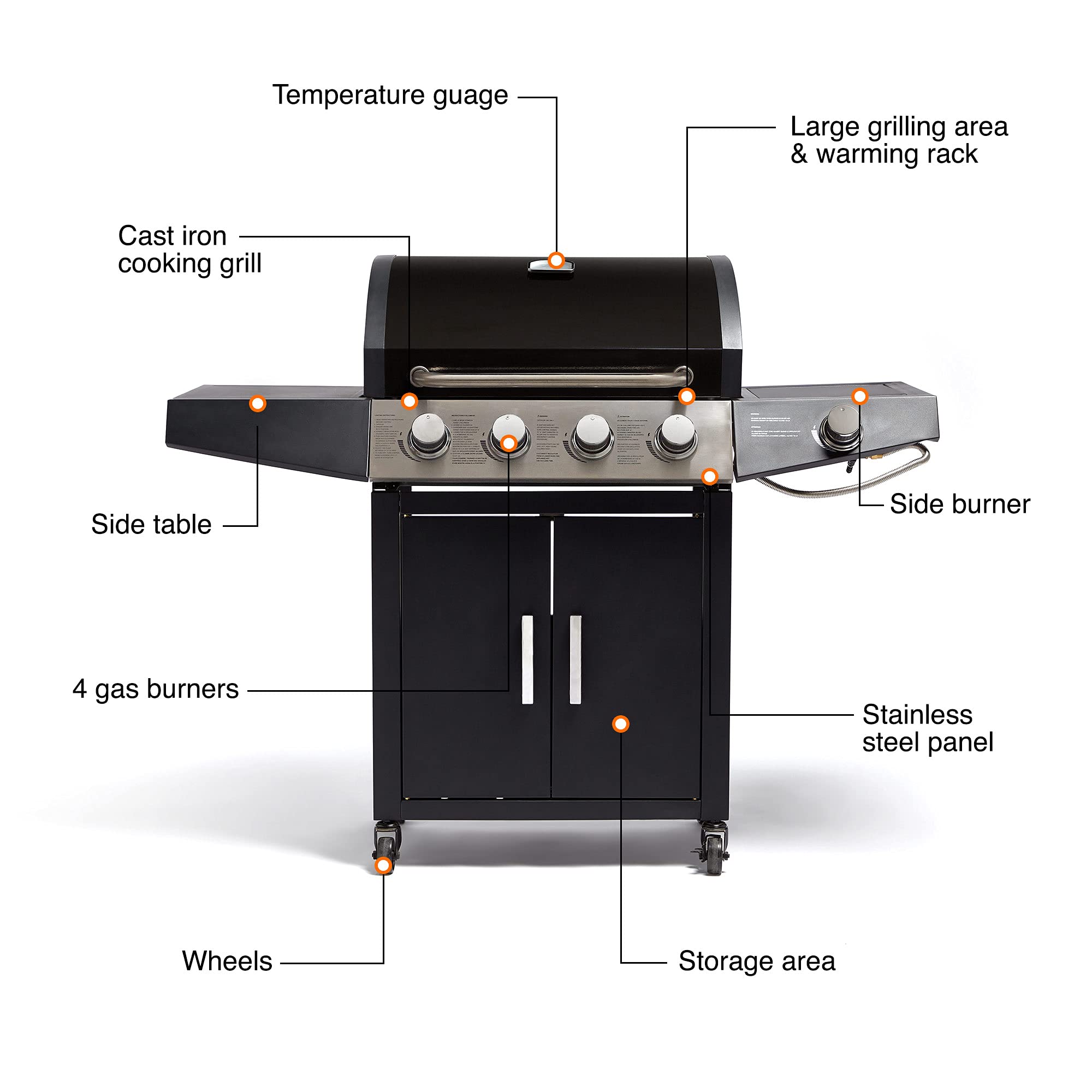 VonHaus Gas BBQ 4+1 Burner Gas Barbecue with Warming Rack, Side
