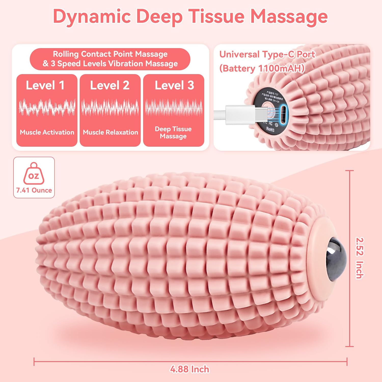 Meifuly Vibrating Foot Massage Roller for Plantar Fasciitis with Massage Roller Ball, 3 Massage Modes, Rechargeable Massage Ball for Pain Relief, Foot Health, Muscle Recovery, Psoas Release, Pink
