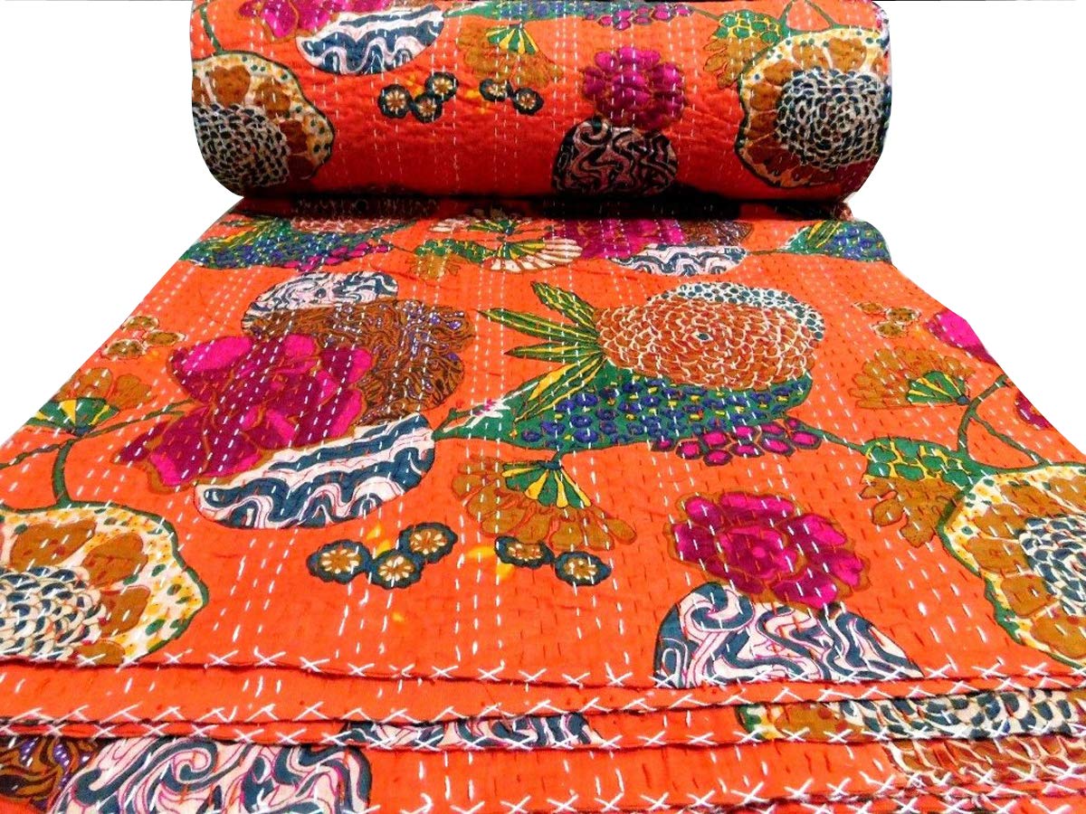 Marusthali block print patch work kantha quilt, hand kantha blanket bedspread, patch kantha throw, kantha rallies indian quilt size 90 x 108 inches