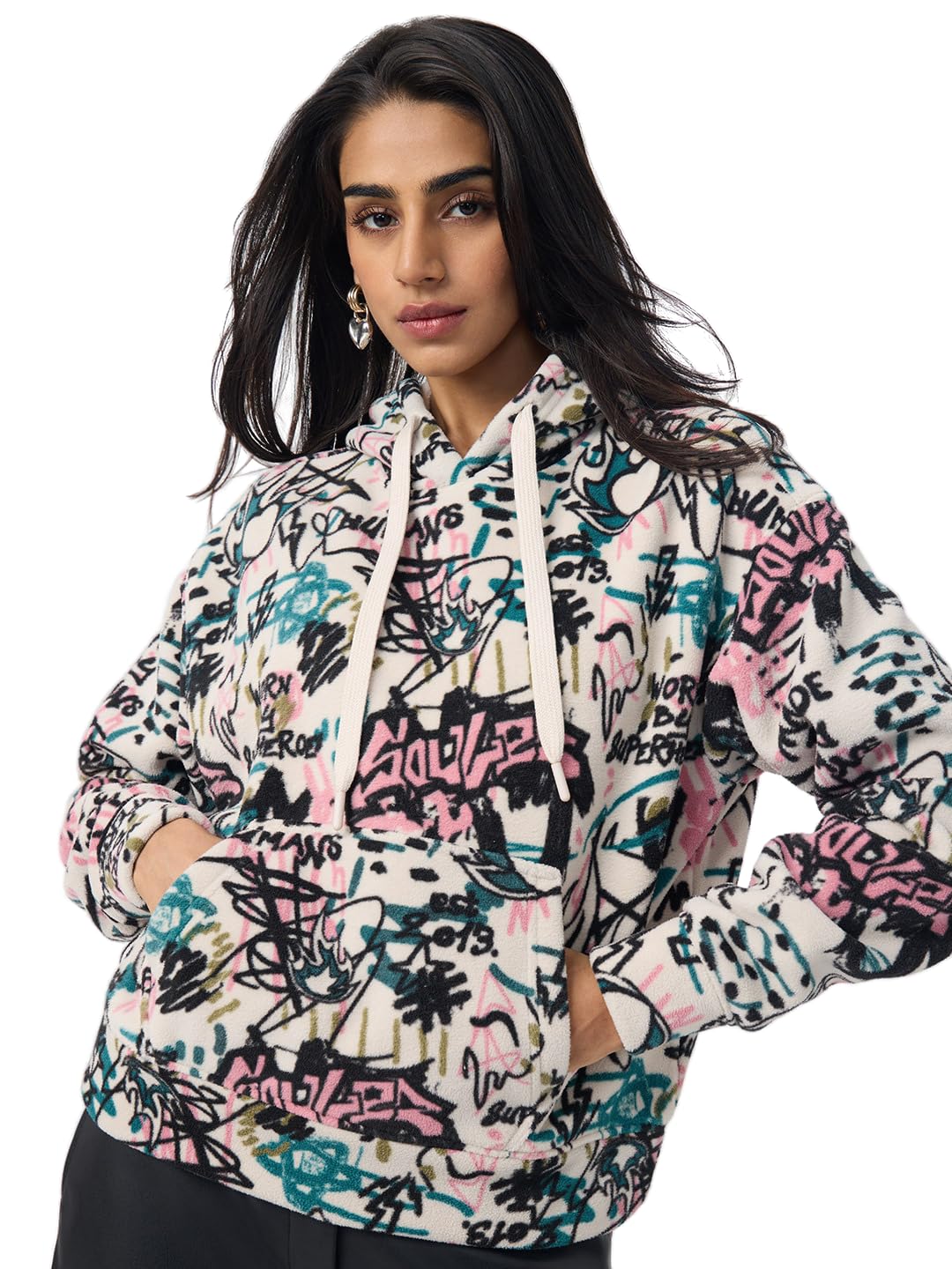 The Souled Store Sudadera con capucha de poliéster con estampado de garabatos rosados para mujeres y niñas, manga completa, cuello con capucha, hombros caídos, ropa de calle, moderna, forro polar