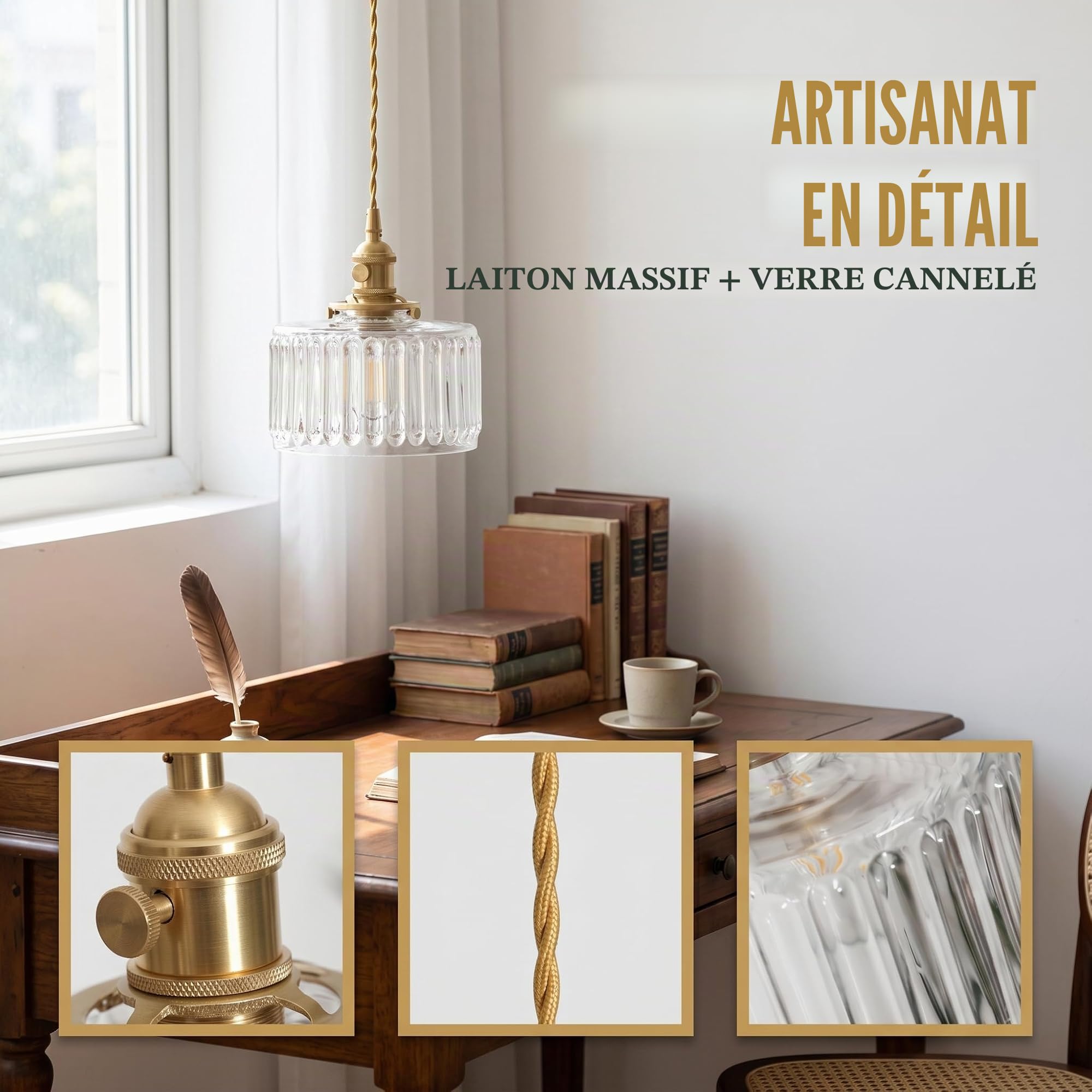 Luminaire Suspension Industriel Vintage en Verre Clair, Douille E27 en Laiton avec Interrupteur, Lampe Suspendu Réglable en Hauteur, Lustre pour Cuisine, Chambre, Salle à Mange