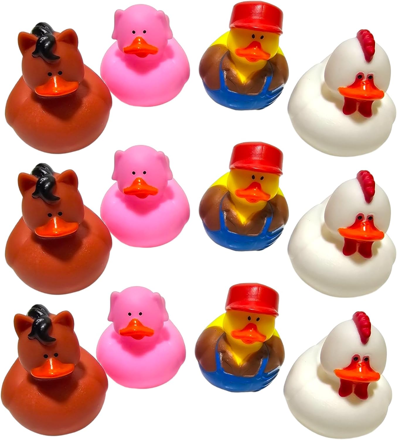 Around The Farm Rubber Ducks (12 Pack) Farmer, Chicken, Pig, Horse Figure Duckies, Bath Tub Toys and Jeep Duck Ducking