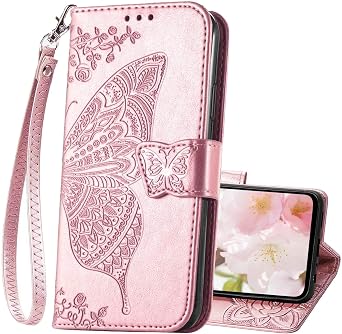 for Samsung Galaxy A25 5G Phone Case Wallet,Women Butterfly Embossed Flip Folio PU Leather,Credit Card Holders Kickstand Wrist Strap Purse Protective Cover Rose Gold