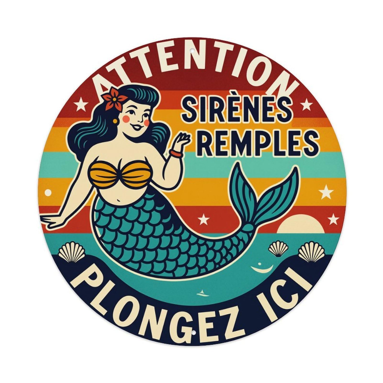 Jdfenggu Vintage Mermaid Waves Sun Stars Shell Retro Metal Tin Sign, Metal Poster For Bar, Home, Man Cave, Kitchen, Laundry Room Art Decor 8X8 Inch