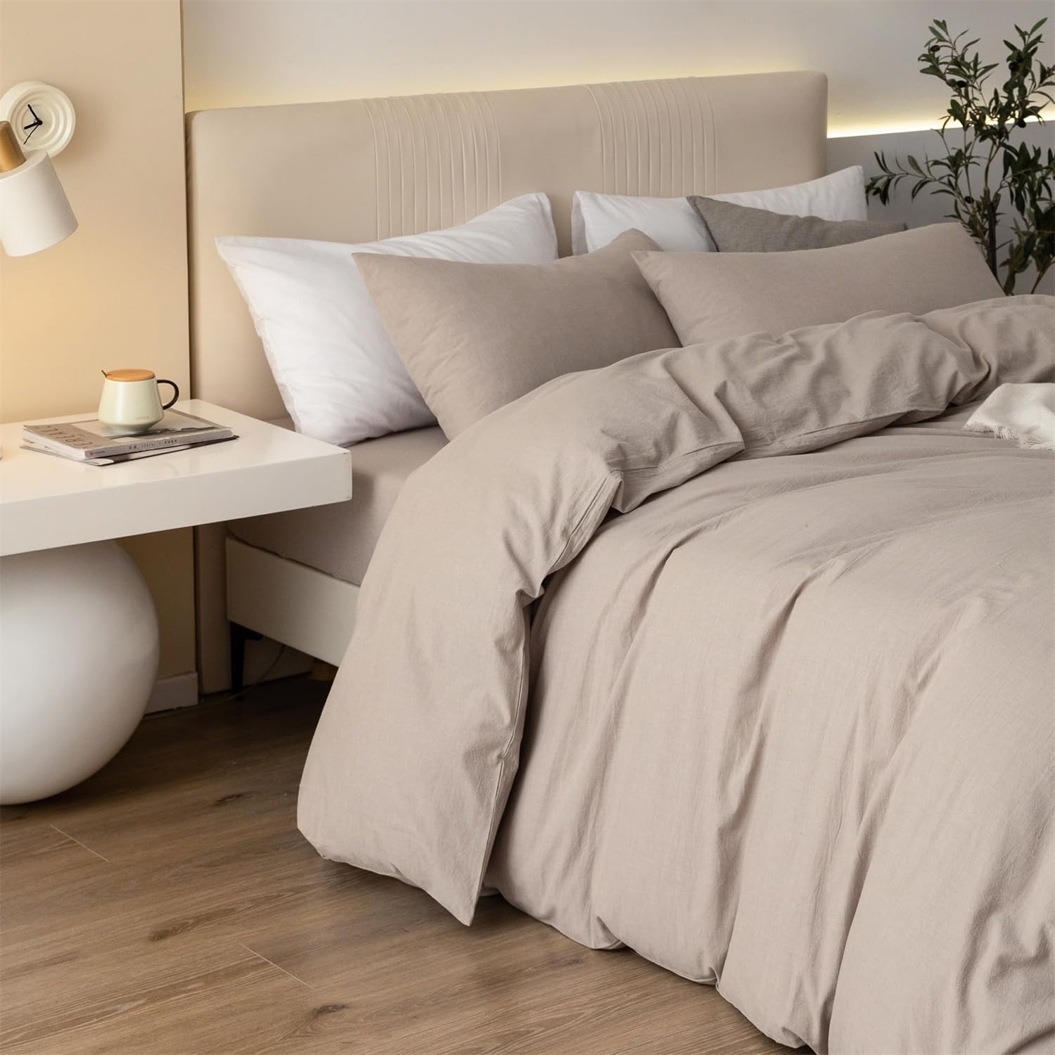 Gezu Parure da letto in cotone, 200 x 200 cm, color crema, marrone, cachi, cotone, certificazione Oeko-TEX include copripiumino in cotone 200 x 200 cm, morbido biancheria da letto con 2 federe 65 x 65