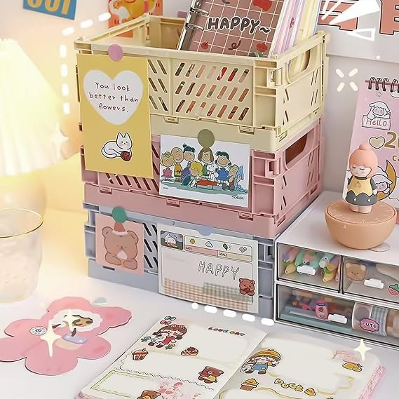 Mini Pastel Plastic Storage Bins 2Pcs Foldable Pastel Crates Plastic Basket Colorful Storage Containers Baskets for Classroom Kitchen Office Bedroom Desktop Home Decor (White, Small: 15*10*6cm) | Basket Colorful Storage Containers Baskets for Classroom Kitchen Office Bedroom Desktop Home Decor (White 5.8