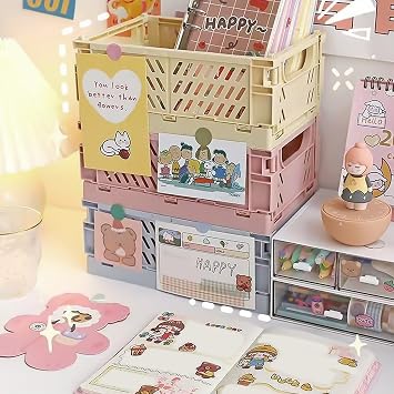 Mini Pastel Plastic Storage Bins 2Pcs Foldable Pastel Crates Plastic Basket Colorful Storage Containers Baskets for Classroom Kitchen Office Bedroom Desktop Home Decor (White, Small: 15*10*6cm) | Basket Colorful Storage Containers Baskets for Classroom Kitchen Office Bedroom Desktop Home Decor (White 5.8
