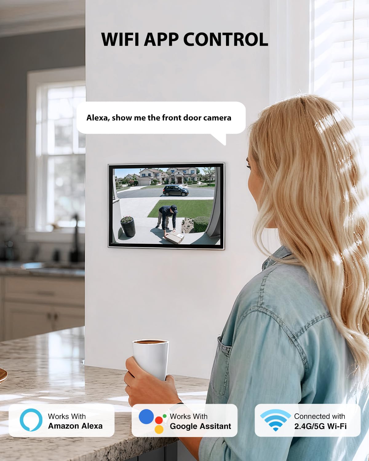 Telecamera proiettore 6500LM cablata, telecamera di sicurezza HD 2K per esterni con attivazione del movimento, visione notturna a colori, registrazione 24/7, audio a 2 vie, WiFi 2.4G, sirena