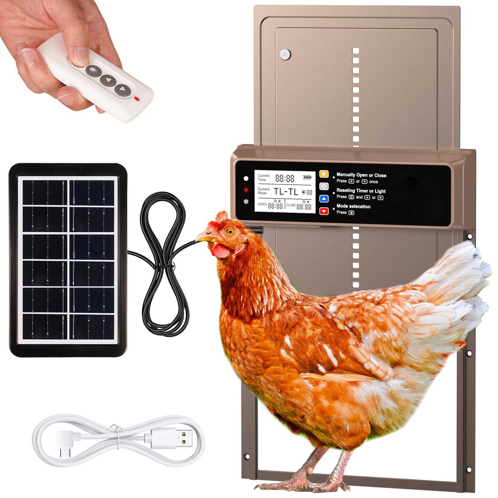 NyPots Automatic Chicken Coop Door Solar Powered, LCD Display Automatic Chicken Door with Timer & Light Sensor, Aluminum Alloy Chicken Door with Remote Control & 4 Modes
