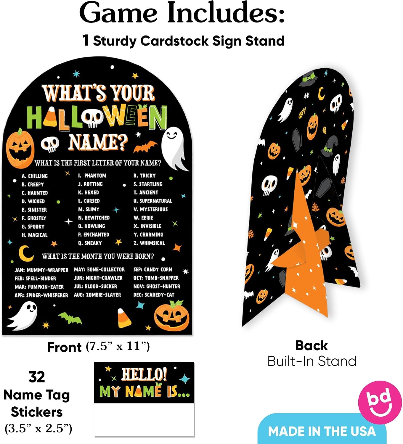 Big Dot of Happiness Jack-O'-Lantern Halloween What's Your Name Party Game Activity, Funny Icebreaker Game for Kids Halloween Party Decoration, 1 Sign with Stand and 32 Hello My Name Tag Stickers image 3