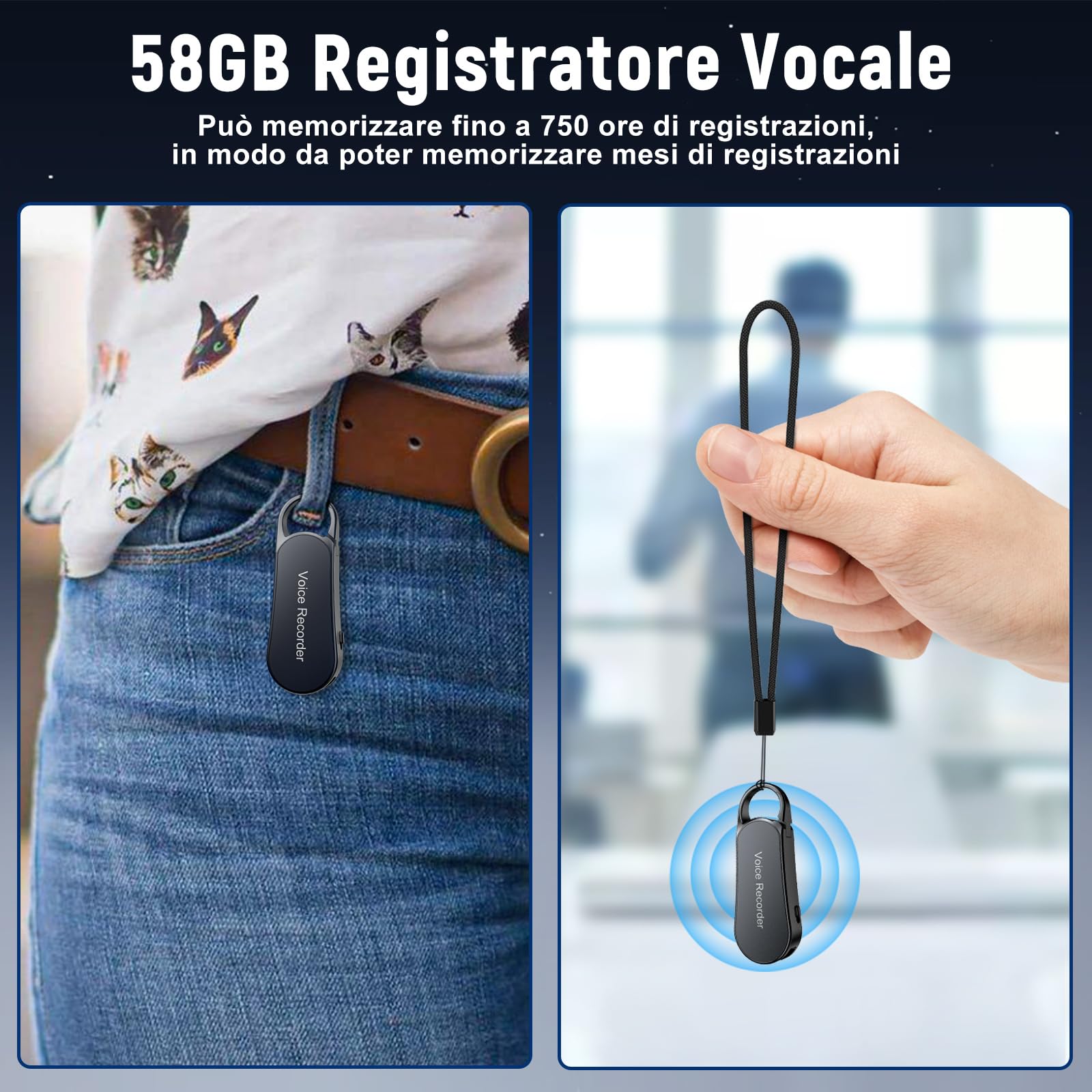 Registratore Vocale Mini–Design a Portachiavi, 35 Ore di Registrazione, Custodia in Metallo, Audio Hi-Fi 1536KBPS, Registrazione con un Solo Tasto, Registratore Attivato per Riunioni... (58GB)