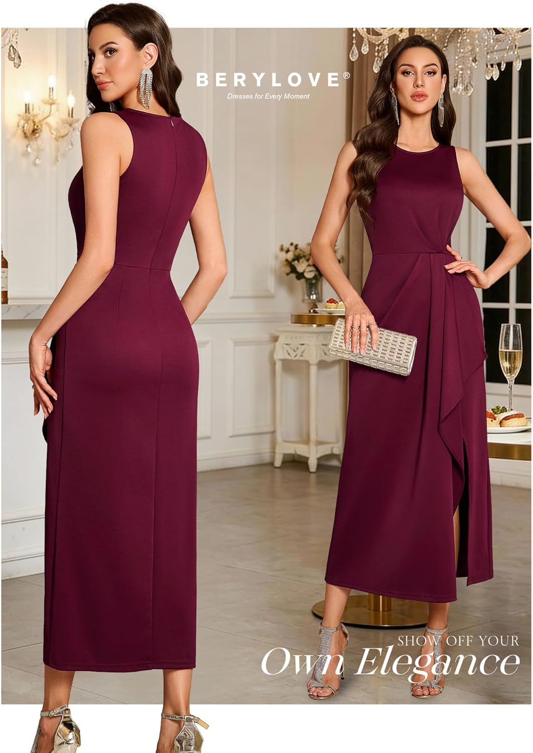 BeryLove Women's Formal Wedding Guest Slit Dress Classy Sleeveless Long Prom Gala Dresses - Image 2