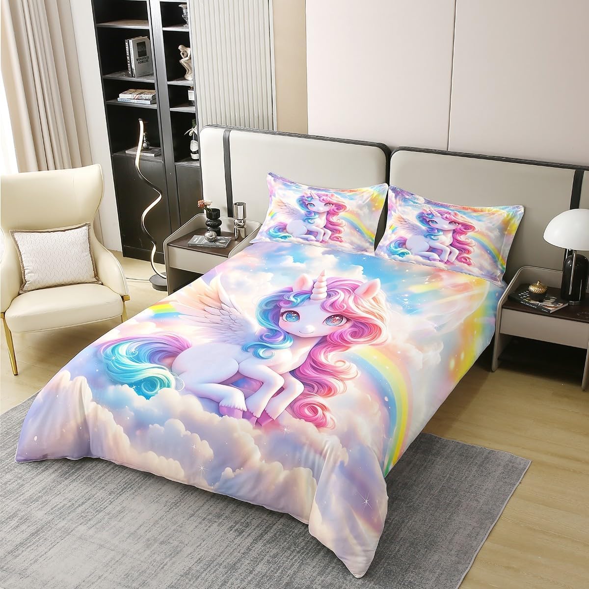 jejeloiu Princess Unicorn Cotton Duvet Cover Set Kids Queen Size Rainbow Bedding Set Fairy Dreamy Horse Comforter Cover Set Room Decor Bedspread Cover,No Stuffing