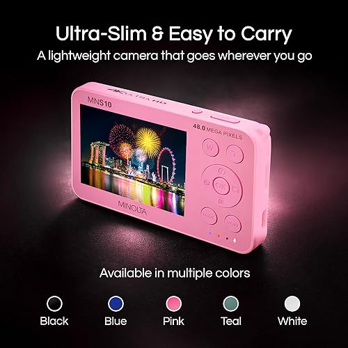 Miniatura 5 de Minolta Cámara digital de 48 MP, video HD 4K ultra delgado, pantalla LCD IPS de 2.9 pulgadas, lente de enfoque automático con estabilización de