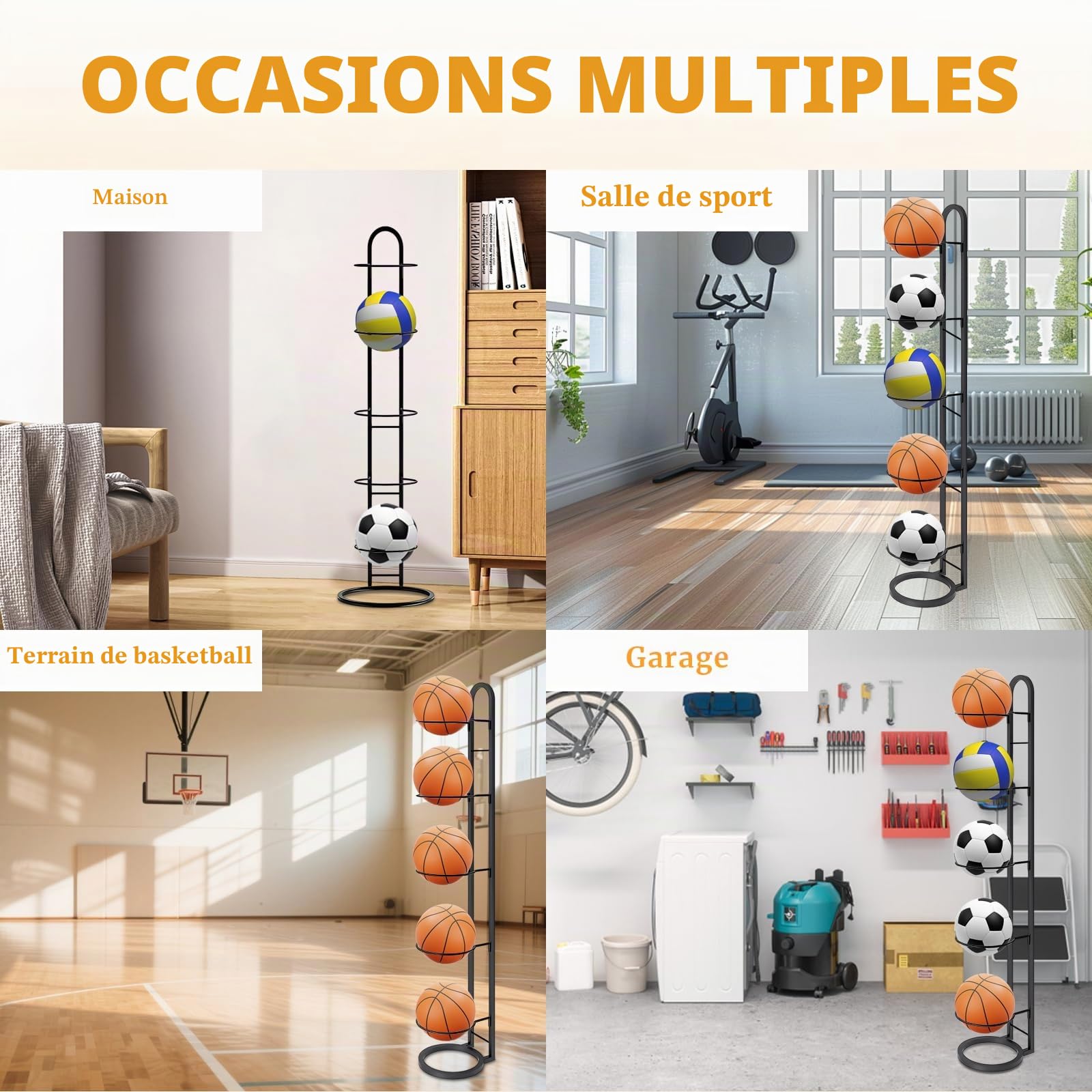 LURICO Support Ballon Foot à 5 Niveaux, Casier de Rangement de Balles, Amovible et Peu Encombrant, étagère de Rangement Robuste Pour Basketball, Football et Volley-Ball